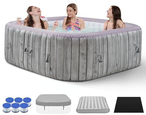 COCLUB Aufblasbares quadratisches Whirlpool-Spa-Set, Outdoor-Blasenmassage, tragbarer Whirlpool, 4-6 Personen, aufblasbarer Whirlpool mit 130 beruhigenden Düsen, isolierte Abdeckung, eingebaute