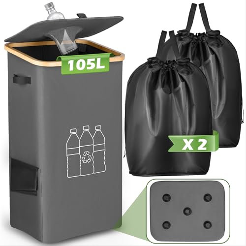 POFIBO 105L Collecteur de Bouteilles avec Couvercle, 2 Sacs de Rechange, Durable et Facile à Utiliser, Idéal pour Le Stockage des Bouteilles Vides et du Verre Usagé dans la Cuisine et Le Cellier