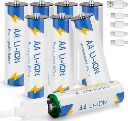 Rechargeable Battery AA, 8 Pack 1.5V 1200mAh/ 1800mWh Lithium AA Battery with Charging Cable, Double AA Batteries for Blink Camera, Toy, Remote, Xbox Controller