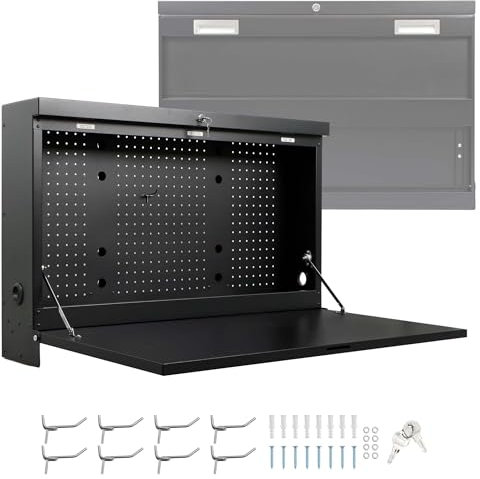 Wiltec Banco da lavoro pieghevole a parete, portata fino a 50 kg, tavolo richiudibile con pannello porta attrezzi forato, in acciaio, 91,2 x 69 x 61 cm, con 2 chiavi, ideale per officine e garage