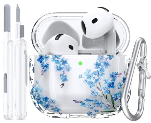VISOOM Kompatibel mit Airpods 4 Hülle, TPU Blau Blumen Airpods 4 Case 2024 Weiches Stoßfest Niedlich Transparent Schutzhülle mit Karabiner Reinigungsset, Unterstützung drahtloses Aufladen(Blue Flower)
