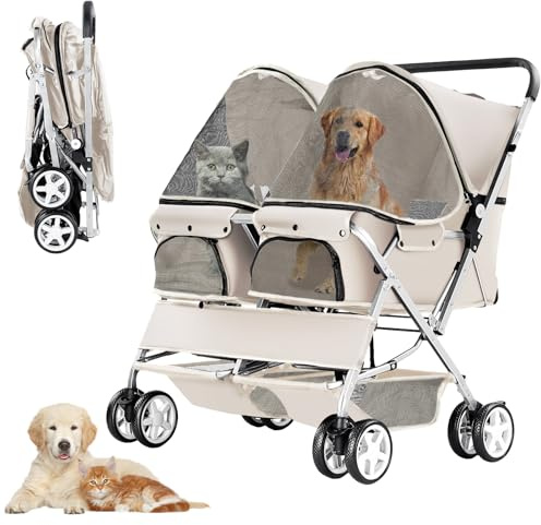 Joyfultails Passeggino per Cani Doppio con Porta Animali Integrato, Carrello Pieghevole per Cani Piccoli, Carrozzina con Ruote Freni a Mano e Capacità 20KG [Sicurezza e Portabilità]，Grigio