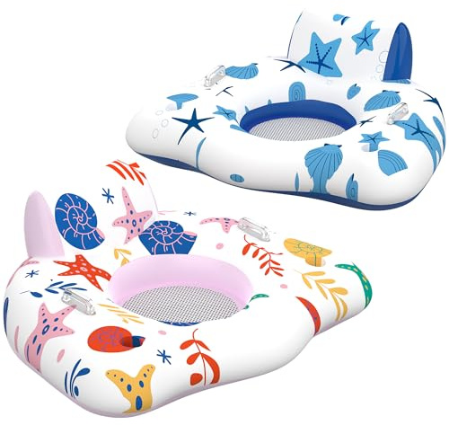 CACSPS Aufblasbare Pool Sessel Für Erwachsene, 2 Pack Schwimm Liegestühle Mit Getränkehalter, Robuster Wasserliege Für Sommer, Strand, See Und Poolpartys(Rosa+Blau)