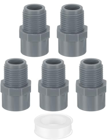 QUARKZMAN 5Pcs 20mm Adaptador Macho de PVC para Conexión de Tuberías, Conectores de Tubería de PVC de 2 Vías con Cinta Selladora (Enchufe x Rosca de Tubería Macho) (Gris)