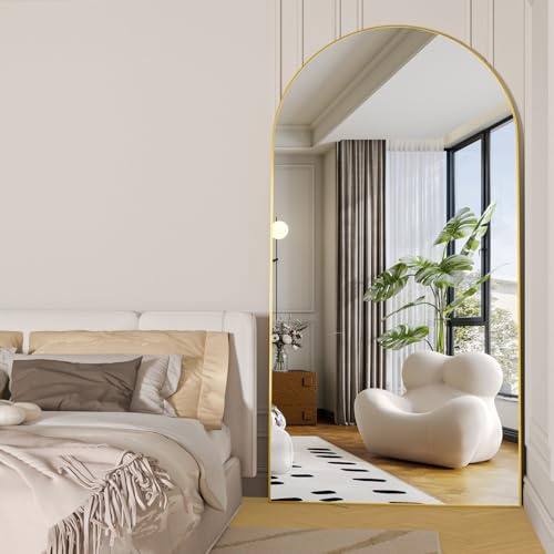 Elemango 180x80cm Arched Floor Full Length Mirror, Full Body Wall Mirror with Aluminum Frame, Arched-Top Full Dressing Mirrors Standing Hanging or Leaning for Bedroom Living Room, Gold