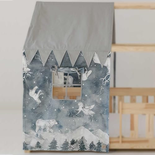 Moi Mili Betthimmel-Haus- Optik Hausbett-Vorhang Print Sternenhimmel 400 x 125 cm Betthimmel in Hausform mit Fenster für Kinderbett Bettdekoration Hausbetthimmel Kinderzimmer Dekoration