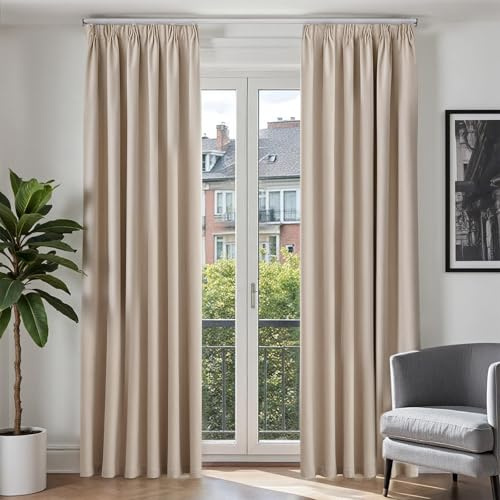 TOPICK 100% Verdunklungsvorhänge Gardinen mit Kräuselband Vorhänge Wohnzimmer Schlafzimmer modern Blickdicht Leinenoptik, H225xB140 cm Thermovorhang Übergardinen Gardine Landhausstil 2er Set Beige