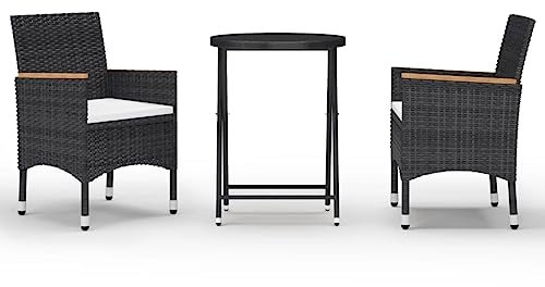 Eleganz 3-TLG. Bistro-Set aus Poly Rattan & Hartglas Schwarz – Gartenmöbel für Terrasse & Balkon – Langlebig, pflegeleicht & wetterfest – Perfekt für kleine Außenbereiche