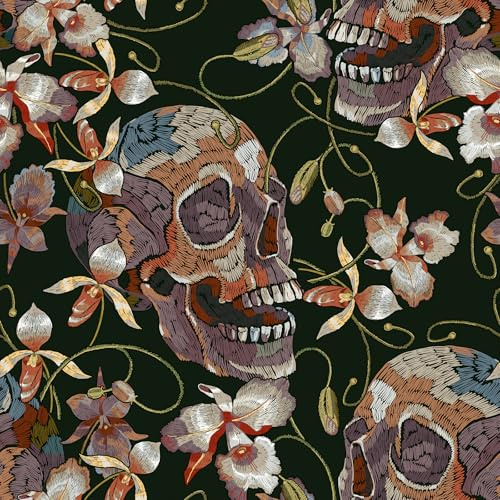 VaryFloral Tapete Selbstklebend Schwarz 30.5cmx300cm Totenkopf Motiv | Abwaschbar, Wasserdicht, Möbelfolie, Fototapete Blumen Vintage, Totenkopf, Küchenschrank, Kommode, Arbeitsplatte, Küche