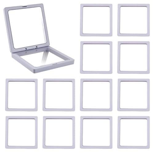 SOFPLATE 10 Stück 2.7 x 2.7 x 0.8 Zoll Weißer Schwebender Rahmen Display 3D Schwebender Rahmen Etui Halter Ständer Transparente PE Membranen Schmuckaufbewahrungsbox Für Challenge Abzeichen Sammler Med