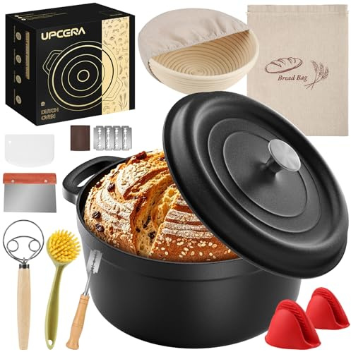 UPCERA 5QT Dutch Oven aus Gusseisen zum Brotbacken, Gärkörbchen Sauerteig-Starter-Set, Brotbackpfanne, Topf mit Deckel, Sauerteig-Werkzeug-Set enthält Lame-Zubehör, Geschenke für Bäcker
