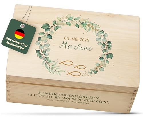 Amari® Personalisierte Holzkiste (Eukalyptus Fisch) | Erinnerungsbox aus Holz zur Taufe, Kommunion, Konfirmation, Firmung, Ostern | Geschenk für Mädchen & Jungen