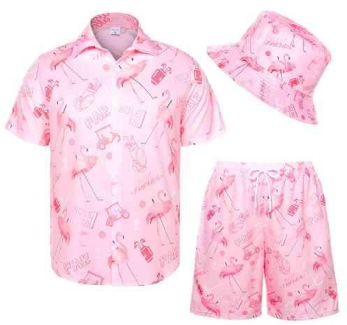 Angenster Set di camicia hawaiana da uomo e pantaloncini, 2 pezzi, abiti estivi da spiaggia con cappelli alla pescatora, Fenicottero rosa , M