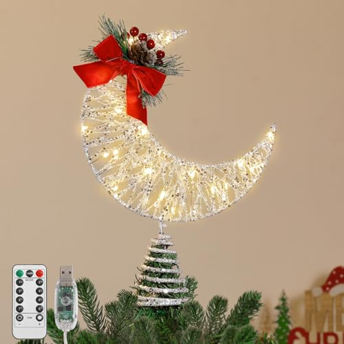 Lewondr Weihnachtsbaumspitze, 8,27'' Metall Mondform Christbaumspitze mit Tannenblättern & Schleife, 30 LED Birnen, 6 Std. Timer, 8 Lichtmodi, USB & Fernbedienung Mond Baumspitze Weihnachtsdeko, Weiß