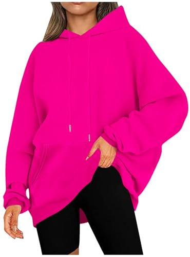 KOG Hoodie für Damen Baumwolle Sweatshirt mit Kapuze Einfarbige Hoodies Basic Oberteile Frau Kapuzenpullover Elegant Pullover Warm Teenager Mädchen Warme Lose Knalliges Pink 5XL