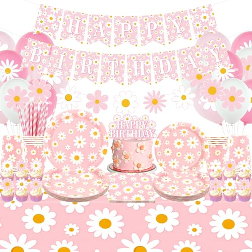 Obussgar Pink Daisy Decoraciones de Fiesta de Cumpleaños para Niñas – Accesorios para Fiesta de Daisy incluyendo pancartas, platos, decoración de pasteles, vasos, servilletas, globos, manteles, para