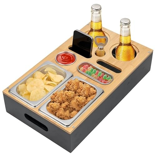 Lindahandel Couchbar Snackbox,Snackbox mit Fächern,Sofatablett Snackspender mit Snackschale,2 Getränkehalter Handyhalterung,mit Untersetzer,Geschenke für männer