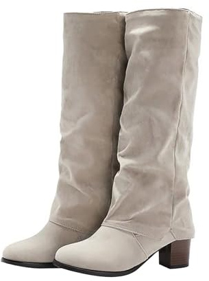Bottes mi-mollet pour femme à talon bloc en faux daim à enfiler - Bottes longues au genou repliables à bout pointu - Chaussures à talons mi-épais souples et confortables - Bottes décontractées automne