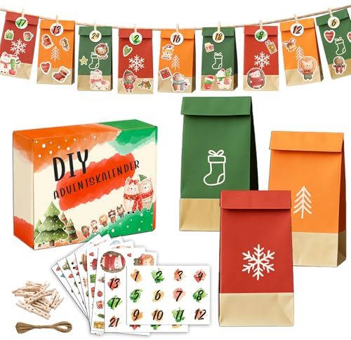 Adventskalender zum Befüllen 24 DIY Weihnachtskalender Papiertüten | Mit Aufklebern, Jute-Schnur & Holzklammern, DIY Weihnachtsdeko zum Geschenke Machen