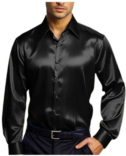 Camisas para hombre, camisa tradicional tradicional para hombre, camisa informal de moda brillante, monocolor, camisa de manga larga, Negro , L