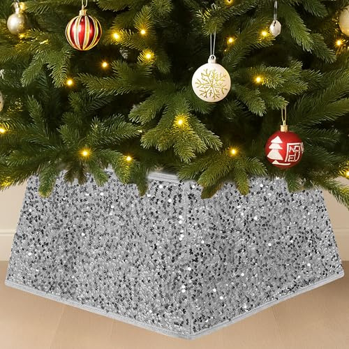 Festive Fix Silver Sequin Christmas Tree Skirt – Luxury 4-Panel Foldable Xmas Tree Base Cover for Artificial & Real Trees – Elegant Silver Christmas Tree Skirt & Stand Bottom Cover for Festive Decor