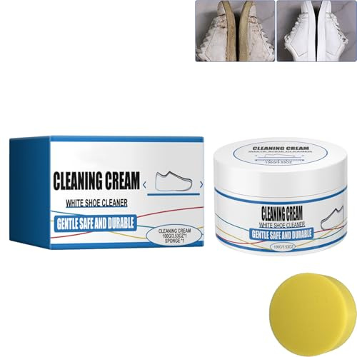 Crema de limpieza y eliminación de manchas multifuncional, crema de limpieza de zapatos blanca con esponja, pasta limpiadora para zapatos, crema blanqueadora para zapatillas y cuero (1)
