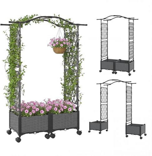 RELAX4LIFE Arco Jardín con 2 Macetas, Sistema Auto-Riego y Ruedas, Jardineras Exterior Grandes con Arco Superior para Plantas Trepadoras, Flores y Hierbas, Huerto Urbano Terraza con Enrejado (Gris)