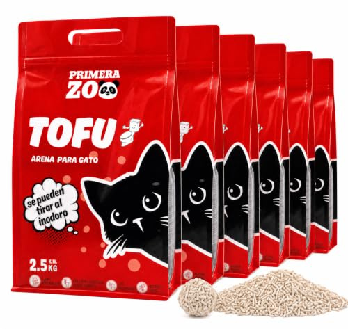 Primerazoo Arena de Tofu para Gatos 15kg/36L, Arena Aglomerante Natural de Guisante y Maíz, Biodegradable, Desechable por el WC, Control de Olores y Sin Polvo (6 Paquetes)
