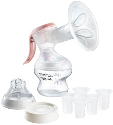 Tommee Tippee Manual Breast Pump Hands-Free | Soft Silicone Massage Cushion for Gentle Expression, 24mm Flange with Multiple Insert Sizes Included, Quiet Operation