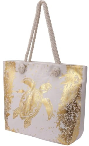 Sanixa Karma MTBAG1115_1 Strandtasche Damen Schildkröte Creme Gold 54 cm Badetasche mit Reißverschluss Polyester Innentasche Tasche für Strand, Urlaub, Pool, See, Sommer, Freizeit, Shopper (Creme)