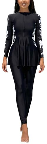 Odizli Modest Swimwear Women Muslim Islamic Full Body Long Sleeve Floral Zipper Top + Pants Burkini Swimming Costume