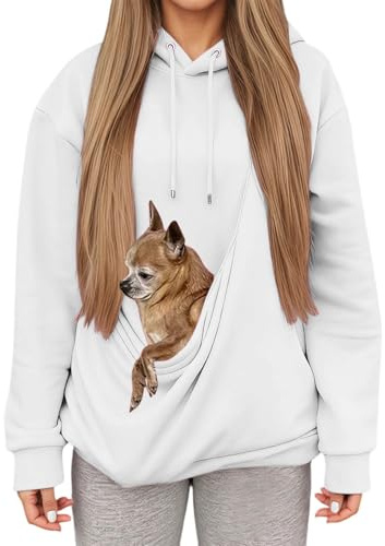 Sweat à Capuche Femme avec Grande Poche Kangourou Fonctionnelle,Pull de Transport pour Chat et Chien,Sweatshirts pour Amoureux des Animaux domestiques (White, XXL)