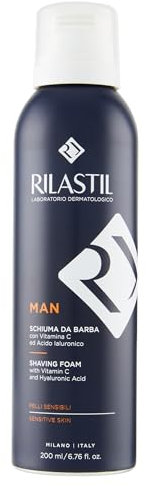 Rilastil Man Schiuma da Barba,Texture Soffice e Cremosa, per Pelli Sensibili o Facilmente Irritabili, con Vitamina C e Acido Ialuronico, Confezione da 200ml