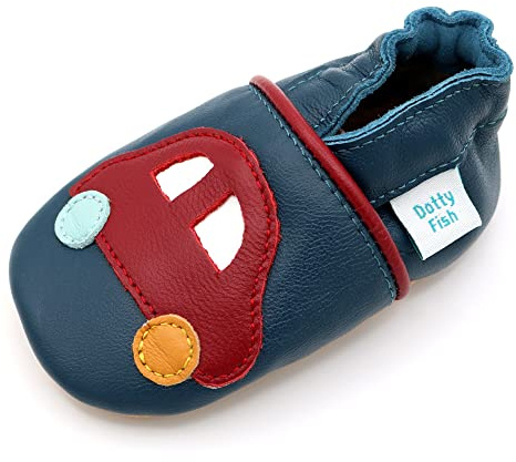 Dotty Fish Soft Sole Leather Baby Shoes - Barefoot, Non-Slip, Unisex | Lightweight, Breathable, Flexible, Elasticated ankles, Anti-slip,