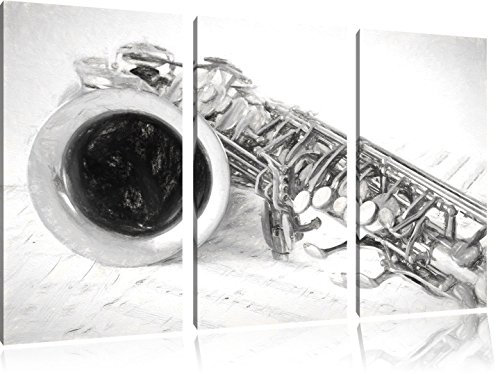 Pixxprint Saxophon auf Notenpapier Kohle Zeichnung Effekt, Leinwandbild 3 Teilig, Gesamtmaß: 120x80cm, Wandbild, Dekoration, fertig gespannt, Kein Poster