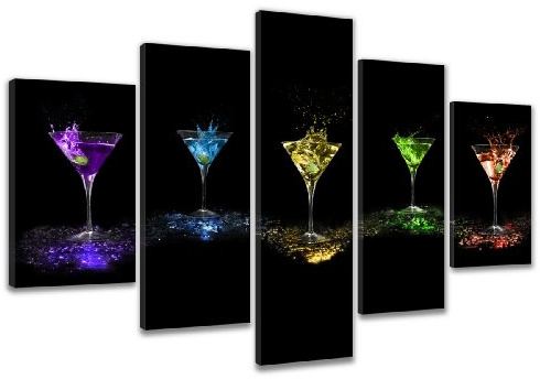 Visario Leinwandbild Cocktails Bunt Schwarz 200 x 100 cm 5-teilig Direktdruck auf Leinwand mit Holzrahmen Wandbild Kunstdruck XXL Wanddeko für Wohnzimmer Schlafzimmer Artikelnr. 6303