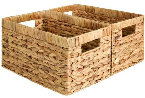 StorageWorks Wicker Storage Baskets for Shelves, Large Shelf Baskets with Handles, Rectangular Wicker Storage Boxes, Woven Basket for Organising Pantry Bathroom, Natural Water Hyacinth, 2-Pack