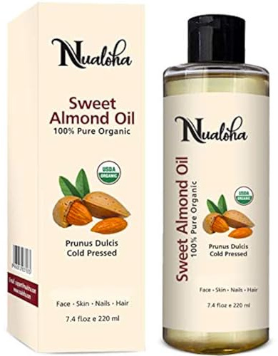 Nualoha Organic Sweet Almond Oil 220 ML, USDA Organic Pure Cold Pressed Almond Carrier Oil For Face, Skin, Hair and Body