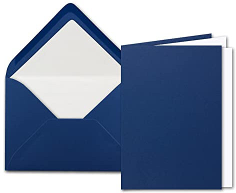 25x Stück Karten Set in Dunkelblau (Blau) Faltkarte DIN A6 mit passendem Einlegeblatt in Weiß und Umschlag DIN C6 in mit weißem Seidenfutter