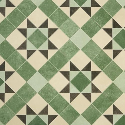 Tile Effect Vinyl Flooring Roll Green Victorian Felt Back Lino Flooring for Kitchens, Bathrooms and Hallways 2m 3m Width 2m To 7m Length (Atkinson, 2m x 2m)