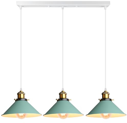 iDEGU Industrielle Pendelleuchte 3-flammige Hängelampe Stil Vintage in Eisen Pendellampe E27 Fassung 22cm Grün Lampenschirm Hängeleuchte für Esszimmer Küche Restaurant (3-flammig, Balken)