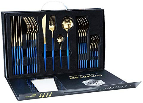 rismart Set de Couverts, Set de Couteaux et Fourchettes Cuisine en Acier Inoxydable, Ménagère de 24 Pièces pour 6 Personnes Or Bleu