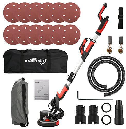 Hyoptenus 750W Electric Drywall Sander with Vacuum Attachment, Unique Ceiling Sanding Fixture, 12 Pcs Sanding Discs, 7 Variable Speed, Extendable Handle, LED Light