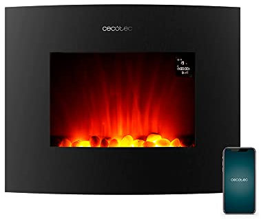 Cecotec Dekorativer Elektrischer Kaminofen ReadyWarm 2650 Curved Flames Connected. 26, 2000 W, Steuerung über Wi-Fi, Fernbedienung, Gekrümmte Anzeigetafel aus gehärtetem Glas, 25 m2