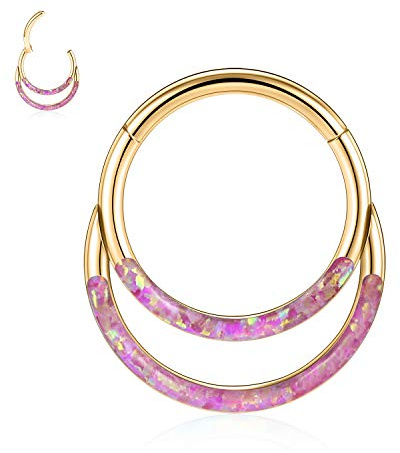 AROWRO Septum Clicker Nose Hoop Ring Daith Helix Rook Earring Daith jewellery Daith Rook Piercing Jewelry Cartilage Conch Hoop Earrings 316L Surgical Steel 16G 10mm Gold Purple Opal Inlaid
