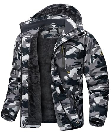 KEFITEVD Mens Ski Jacket Breathable Warm Lined Winter Jacket with Removable Hood Snowboard Jacket Waterproof Outdoor Jacket, Camouflage, xl