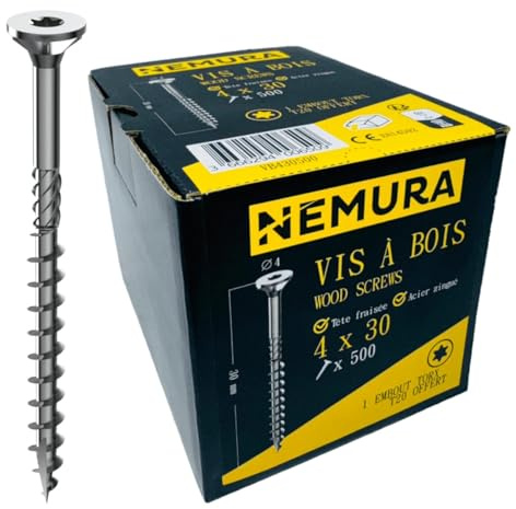 Nemura Lot de 500 Vis à Bois 4 x 30 mm - en Acier Zingué à Tête Fraisée à Empreinte Torx - Visses Spéciales pour Bois et Aggloméré - Haute Qualité Durable - Marque Francaise