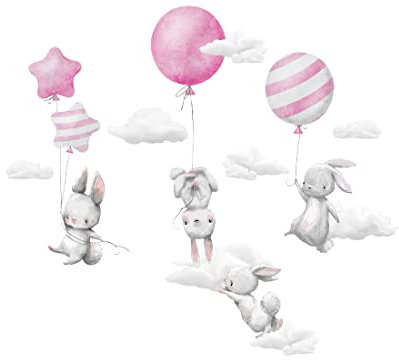 Wandaufkleber für Kinder, Hasen mit Luftballons, Tiere, Wolken, Rosa, Kinderbilder Junge Kinderzimmer Mädchen Aufkleber Osomhome, 100x50cm
