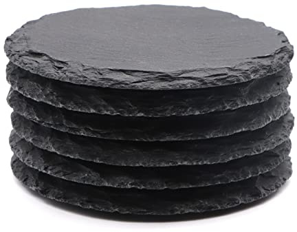 VIBRATITE 6 Stück Schiefer Untersetzer Rund 10,2 cm Glasuntersetzer | Naturschiefer, Unregelmäßige Kanten, Kratzfeste Unterseite, Lasergravur, Getränkeuntersetzer, für Bar, Zuhause, Dekoration