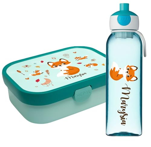 Ferocity Set de fiambreras personalizadas para niños niñas al colegio personalizado con nombre fiambrera botella de agua biberón libre de BPA con tenedor y compartimento bento Fox [153]